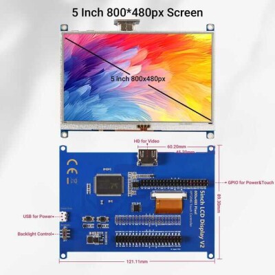 Elecrow RR050P 5inch 800x480 TFT Display with Touch Screen for Raspberry Pi Zero/Zero 2W - 4