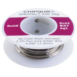 Lead Free No-Clean, Rosin Activated (RA) Wire Solder Bi57Sn42Ag1 (57/42/1) 18 AWG, 19 SWG Spool, 0.7 oz (20g) - Chip Quik Inc.