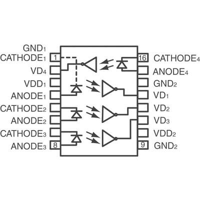 Logic Output Optoisolator 15MBd Open Collector, Schottky Clamped 2500Vrms 4 Channel 10kV/µs CMTI 16-SOIC - 2