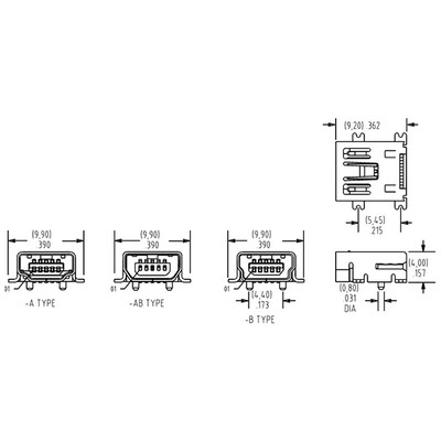 USB - mini B USB 2.0 Receptacle Connector 5 Position Surface Mount, Right Angle - 3