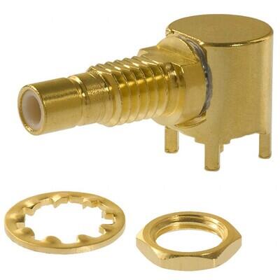 SMB Connector Jack, Male Pin 50Ohm Panel Mount, Through Hole, Right Angle Solder - 1